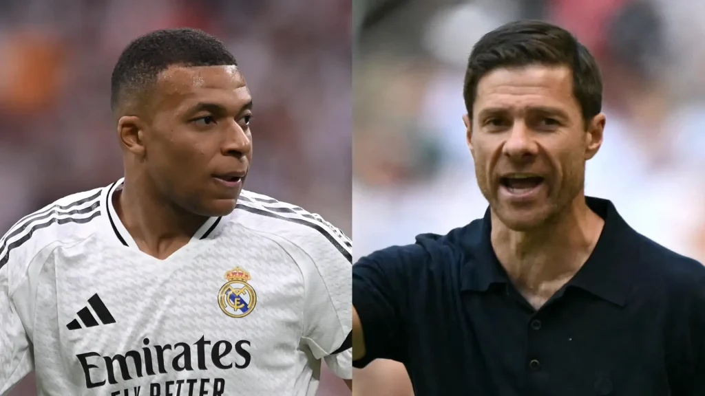 Kylian Mbappe celebrates scoring twice for Real Madrid against Oviedo