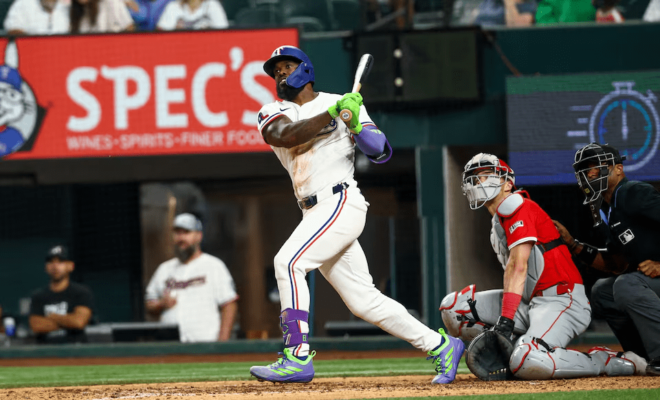 exas Rangers vs Los Angeles Angels – Adolis Garcia hits a two-run double at Globe Life Field