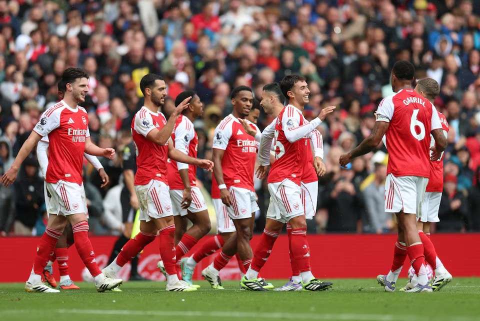 Arsenal midfielder Martin Zubimendi celebrates after scoring against Nottingham Forest at the Emirates Stadium
