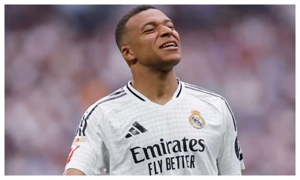 Kylian Mbappé celebrates after scoring for Real Madrid in the UEFA Champions League