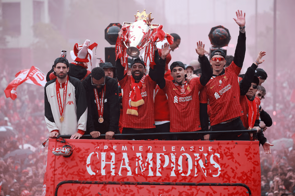 Mohamed Salah celebrates Liverpool Premier League title with teammates