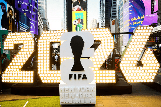 FIFA World Cup 2026 presale logo in Times Square