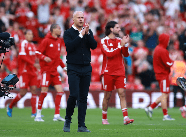 Liverpool manager Arne Slot celebrating 1-0 win over Arsenal at Anfield