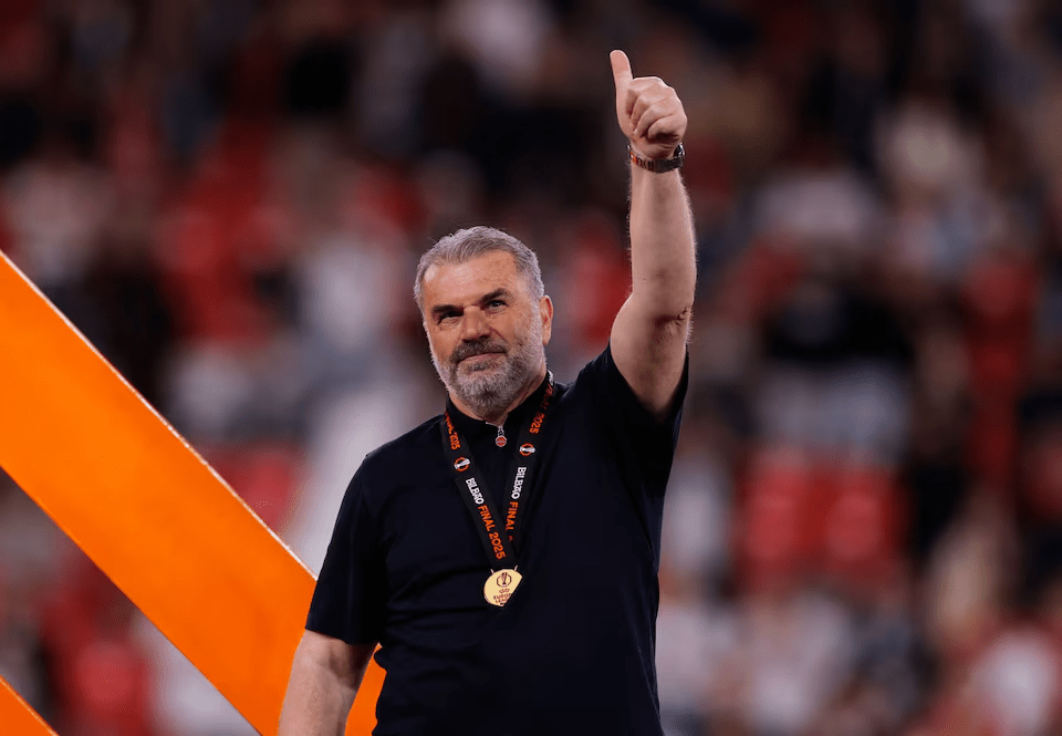 Ange Postecoglou celebrating Europa League victory with Tottenham Hotspur