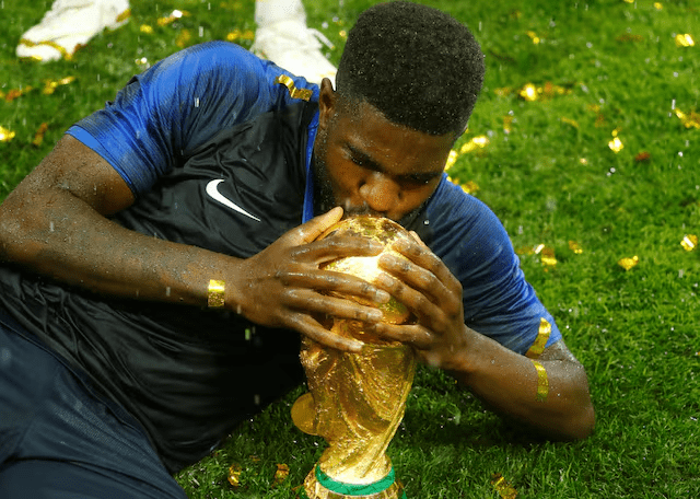 Samuel Umtiti celebrating after scoring for France in the 2018 World Cup semi-final