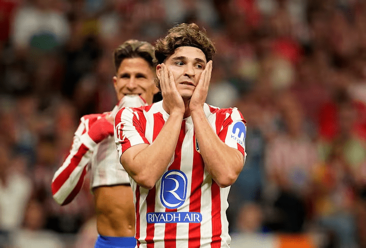 Julian Alvarez reacts during Atletico Madrid’s LaLiga match against Villarreal