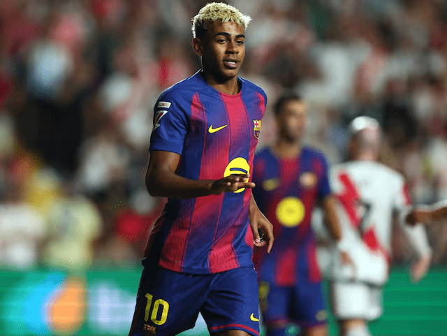 Lamine Yamal celebrates after scoring for Barcelona in La Liga before suffering an injury