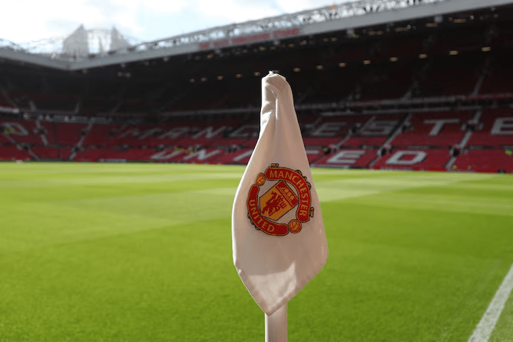 General view of Old Trafford stadium showing Manchester United emblem before a match