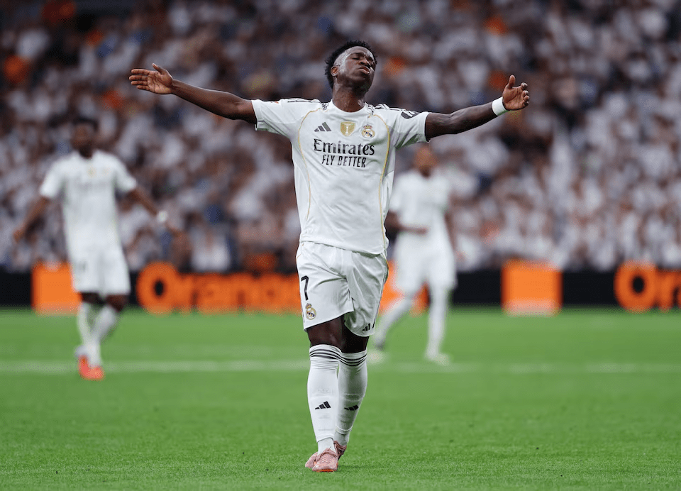Vinicius Jr of Real Madrid reacts during LaLiga match against Espanyol at Santiago Bernabeu Stadium, September 20, 2025