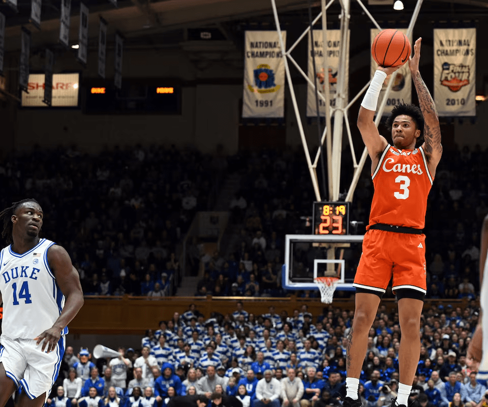 Jalil Bethea shoots during a game for Miami against Duke at Cameron Indoor Stadium, January 14, 2025